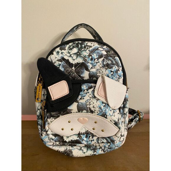 Betsey Johnson Small Backpack Dog floral black grey blue white bag - Picture 1 of 8